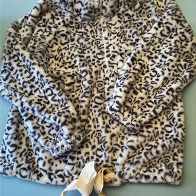 POL Leopard Animal Print Off White Sherpa Long Sleeve Hoodie Medium - Image 1 of 4