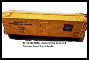 RAIL KING MTH RK-7806L Burlington Yellow & Tuscan Semi-Scale Reefer Car EXC - Picture 1 of 3