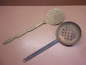 Two (2) Vintage Brass & Copper Long Handled Perforated Dippers 17" & 20" Long - Picture 1 of 5
