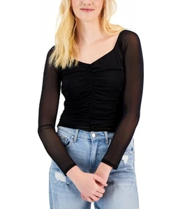 MSRP $29 Crave Fame Juniors' Ruched-Front Mesh-Sleeve Top Black Size Large - Picture 1 of 1