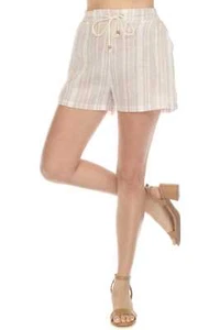 Women's Casual Beach Resort Wear Short Pinstripe Print with Drawstring Waist Lin - Picture 1 of 30