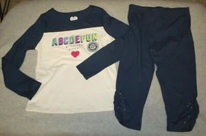 Girls ALPHABET L/S T-SHIRT Off White Navy Blue CAPRI LEGGINGS Rhinestones SIZE 7 - Picture 1 of 1