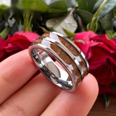 8MM Whisky Barrel Oak Wood Tungsten Carbide Ring Band Pipe Cut Polished Ring - Image 1 of 4