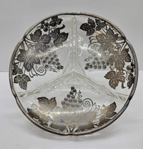 Antique divided footed relish compote dish silver overlay grape motif 6.25” - Picture 1 of 5