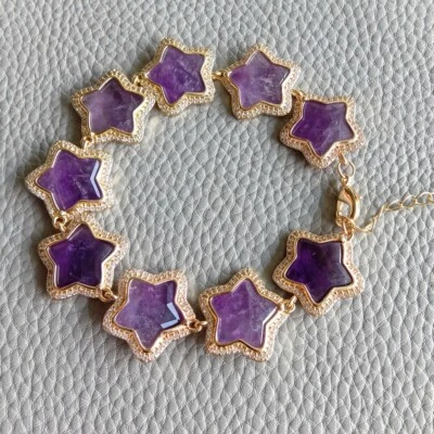 Pulsera de piedras preciosas naturales amatista púrpura forma de estrella circonita pavé pulsera de cuentas Foto 1 de 4