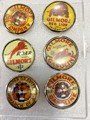 Set of 6 Handmade Glass Dome GILMORE GASOLINE (6 different) Picture Buttons USA - Image 1 of 4