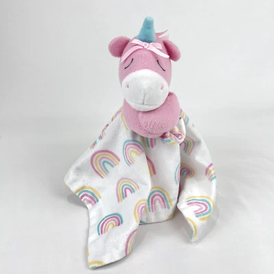 Baby Essentials Pink Unicorn Lovey Security Baby Blanket Rainbows Plush 12.5” - Image 1 of 4