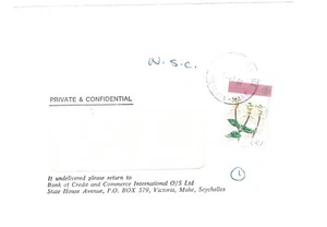SEYCHELLES - BANK of CREDIT & COMMERCE 1990 Local Cover with 1R ORCHID stamp - Picture 1 of 1