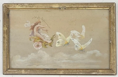 Tableau Peinture Aquarelle sur Soie Nu Féminin Papillon Fleurs XIXe Siècle - Photo 1/4