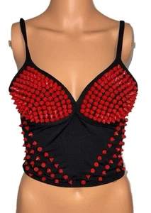 Vixen Black Red Pointed Studded Smocked Back Bustier Top Punk Goth Going Out Bra - Picture 1 of 3