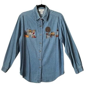 Vintage besticktes Herbst Design Denim Christopher and Banks geknöpftes Hemd. Größe M - Bild 1 von 5