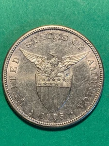 US PHILIPPINES 50 CENTAVOS 1905-S #205 SCARCE DATE AU DETAILS - Picture 1 of 2
