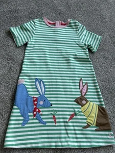 Joules Girls Short Sleeve Dress Age 7 Bunny Rabbits Green Striped 100% Cotton - Picture 1 of 6