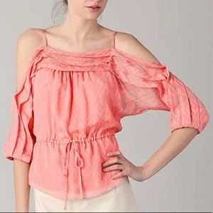 Top de Seda Rebecca Taylor Talla 4 Rosa Coral Taupe Geo Estampado Fuera del Hombro Forrado - Imagen 1 de 10