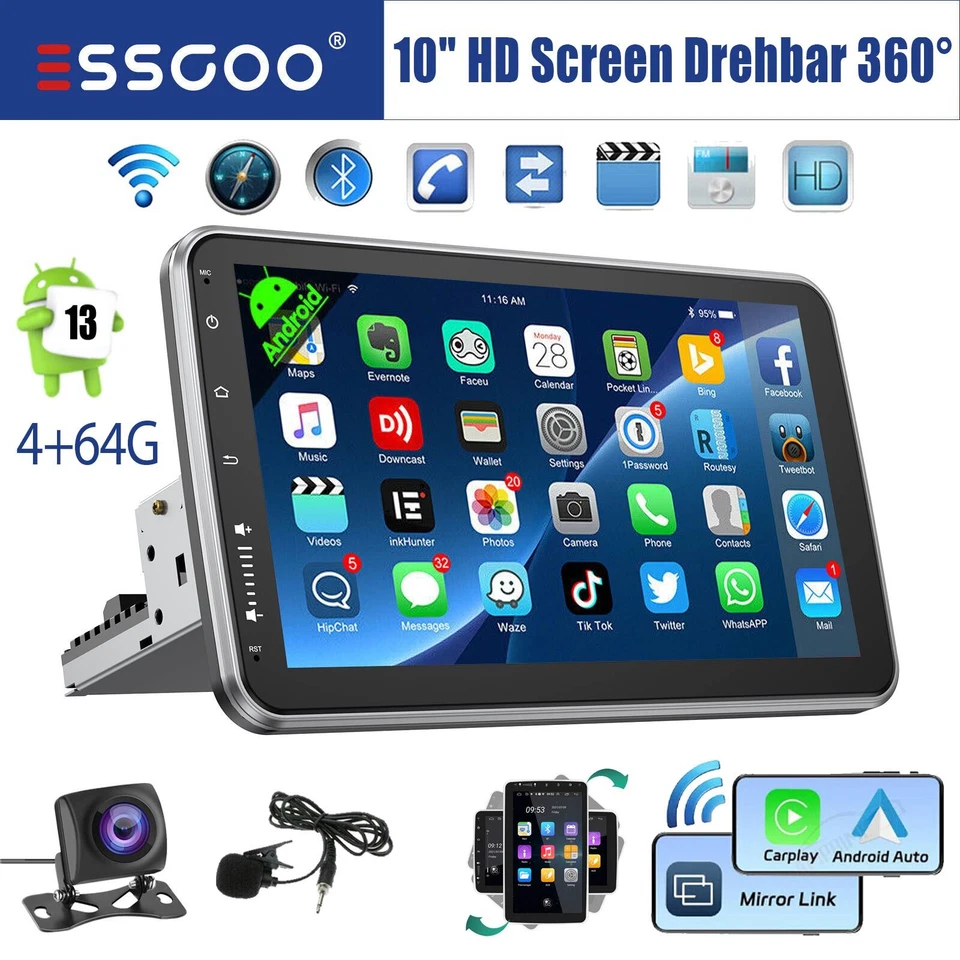 10" Autoradio 1 DIN Android 14 4+64G Carplay GPS BT RDS Ruotabile Schermo Camera - Immagine 1 di 4
