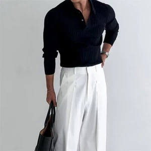 Lapel Button Long Sleeve Polo Shirt Slim Fashion Solid Striped Knitted Bottoming - Picture 1 of 5
