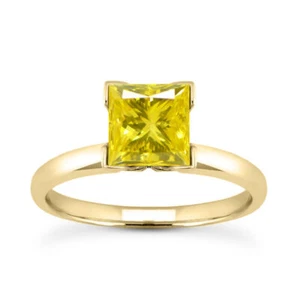Diamond Solitaire Ring Princess Shape Yellow Color Treated 14K Yellow Gold 1ct - Picture 1 of 6