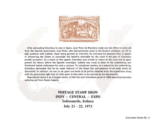 Indy-Central-Expo Philatelic Souvenir Card Columbian #234 Color Facsimile 1973 - Picture 1 of 1