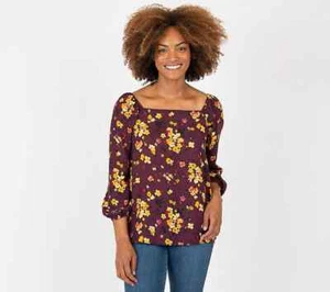 Gibson Look Woven Square-Neck Blouse - Purple Floral Size Large WD8018 QVC $59 - Picture 1 of 3