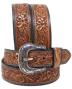Men Women Western 1-3/4" Tapered Antique Floral Tooled Full-Grain Leather Belt - Picture 1 of 17
