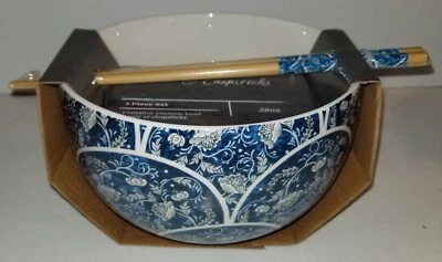 Tigela de sopa Core Kitchen 26 oz azul abstrata cerâmica ramen macarrão com pauzinhos - Imagem 1 de 4