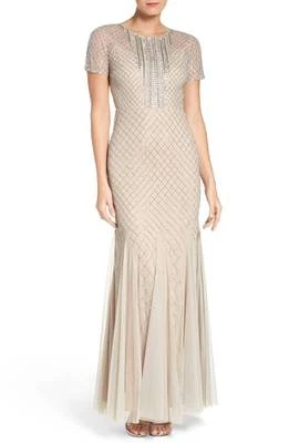 Maxi Vestido Sirena ADRIANNA PAPELL Plateado Desnudo Cuentas Lentejuelas Adornado 8 Foto 1 de 4