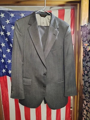 Terno Sansabelt Masculino Cinza Listra de Giz Lã Vintage 2 Peças Blazer Calça União EUA  - Imagem 1 de 4