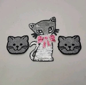 Vintage Shiny Chrome silver Smiling Cat Cats Iron On  Patches Patch Lot Sequence - Picture 1 of 13