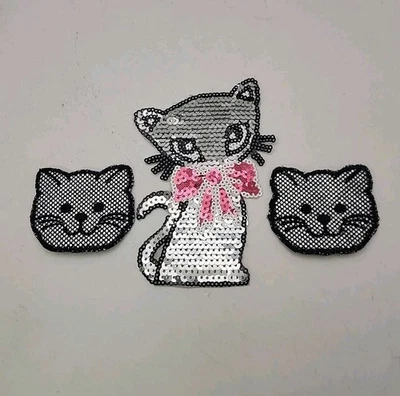 Vintage Shiny Chrome silver Smiling Cat Cats Iron On  Patches Patch Lot Sequence - Image 1 of 4