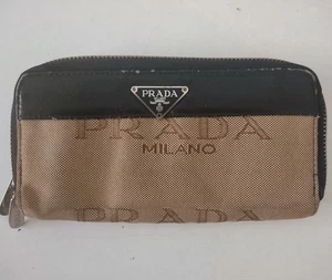 PRADA Logo Wallet Canvas Leather Black Beige Brown Double Zipper - Picture 1 of 16