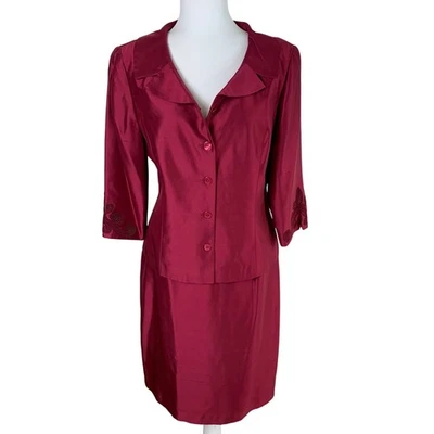 Talbots Size 14 Skirt Suit Blazer Jacket Pure Silk Burgundy Wine Formal Holiday - Image 1 of 4