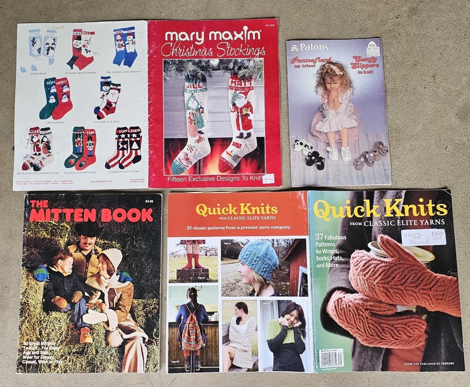 Lot Knitting Patterns CHRISTMAS STOCKING slippers Mittens Knit Socks Hats Wraps - Image 1 of 1