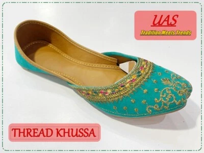 turquoise WOMEN HANDMADE FLAT JOTI LEATHER KHUSSASHOE - Image 1 of 4