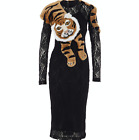 Dolce & Gabbana Faux Fur Tiger Embellished Midi Lace Dress In Black- Uk 14/it 46
