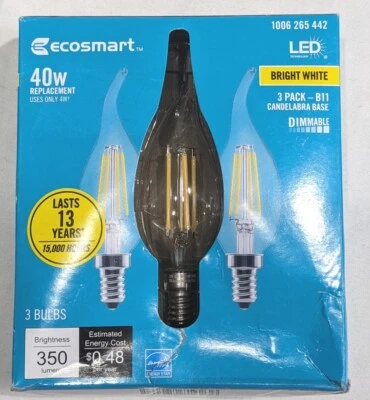 ECOSMART 40 W Bright White LED Dimmable E12 Candelabra Base flame (3 Pack- B11) - Image 1 of 4