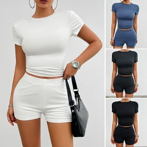 Solid Color Summer 2Pcs Short-sleeved T- Shirt and shorts - Gray Black (Size: S) - Picture 1 of 10