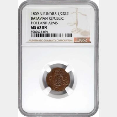 1809 Netherlands East Indies 1/2 Duit. Holland Arms. NGC MS 62 BN - Image 1 of 2