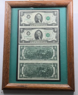 1976 ($2) TWO DOLLAR BILLS - 2 UNCUT SHEETS 2 STAR* NOTES - 4 NOTES FRAMED - Image 1 of 4