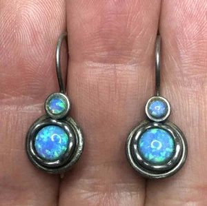5903 Vintage Shablool Didae Blue Opal Dangle Earrings Israel 925 Sterling Silver - Picture 1 of 3