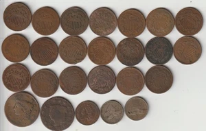 25 US coins  2 cents, Civil War Token, Flying Eagle & Large Cent. See list. - Picture 1 of 2