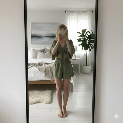 Conjunto de Top Corto y Pantalones Cortos Cintura Alta Shein Verde Oliva Corbata Frontal - Talla S Foto 1 de 4