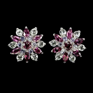 RHODOLITE GARNET AQUAMARINE & TANZANITE EARRINGS .925 STERLING SILVER 14K WGP - Picture 1 of 3