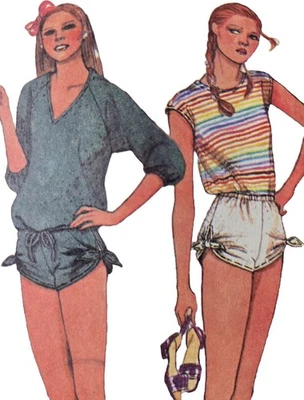1980s Peep Tie Gathered Shorts Batwing Top T Shirt  McCalls 7054 Sewing Pattern - Image 1 of 3