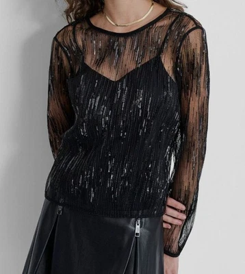 Top de mujer DKNY negro cuello redondo lentejuelas-tul manga larga talla M Foto 1 de 3