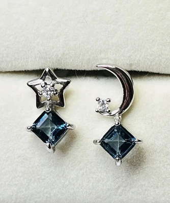 925 Sterling Silver Princess Cut London Blue Topaz Star Moon Stud Earrings - Image 1 of 4