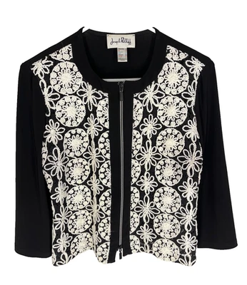 Top JOSEPH RIBKOFF Talla 8 Negro Blanco Floral Bordado Cremallera Completa Silencioso Lujo Foto 1 de 4