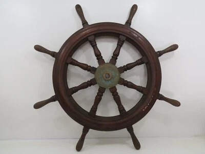 AUTHENTIC 36+3/8 INCH WOOD & BRONZE SAIL BOAT SHIPS WHEEL (R2/380C) - Image 1 of 4
