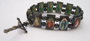 VTG HEMATITE RELIGIOUS STRETCH BRACELET DOUBLE SIDED SAINTS MARY JESUS CROSS - Picture 1 of 6