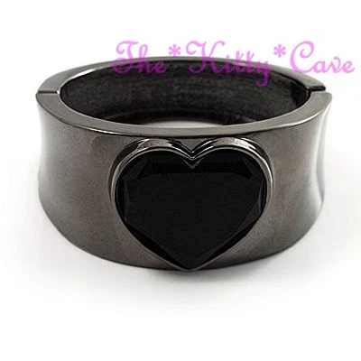 Dramatic Black Tone Faceted Glass Love Heart Hinged Concave Bracelet Bangle Cuff - Image 1 of 4
