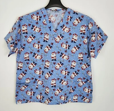 Womens Christmas Scrub Top Size XL Santas Short Sleeve Pullover Pockets V Neck - Image 1 of 4